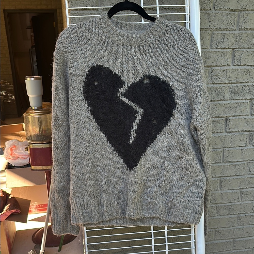 All Saints Gray Crewneck Sweater with Black broken Heart Design